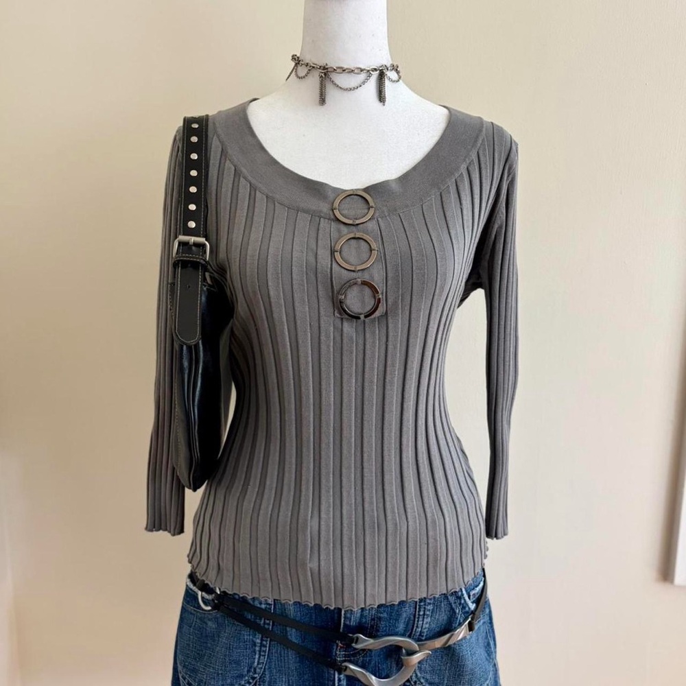 Vintage Y2K silk subversive grunge mcbling silver ring top chunky ribbed gray M